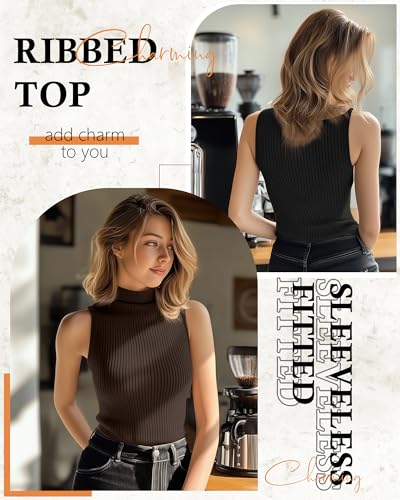 Women's Sleeveless Turtleneck Tops - 3 Pack Medium Black Dark Brown Pumpkin