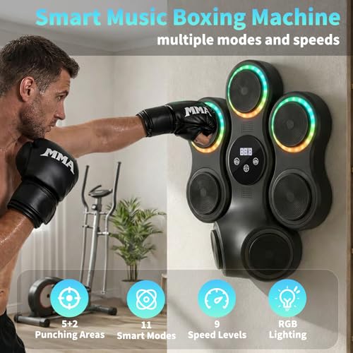 Music Boxing Machine for Kids & Adults, Wall-Mounted Interactive Punching Target with RGB Lights and Bluetooth, 11 Modes & 9 Speeds