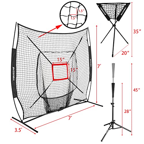 BaseGoal 7x7ft Baseball Practice Net with Batting Tee & Strike Zone - Black
