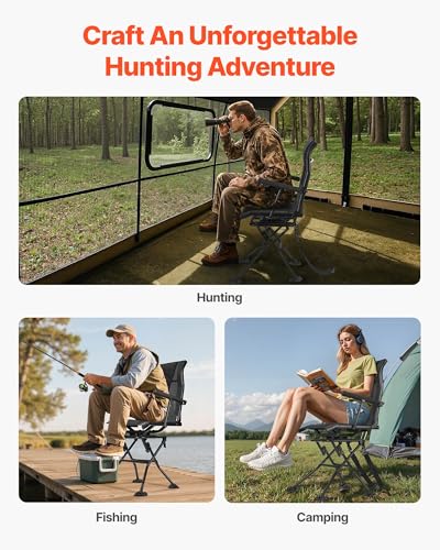 VEVOR Foldable Hunting Chair with 360° Silent Swivel, Adjustable Height Portable Ground Stool for Camping & Fishing