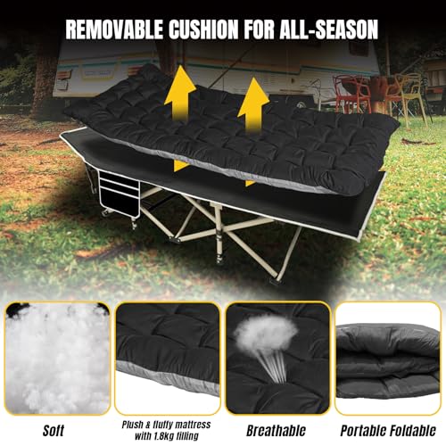 Yellow Jacket Black Folding Camping Cot for Adults, 600LBS Support, Removable Mattress, Portable Bed for Camping, Travel, Home, Office