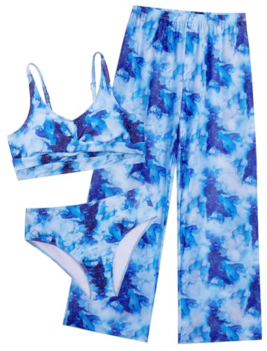 Girls Swimsuit 3 Piece Bikini Set with Mesh Cover Up Pants - Light Blue Marble, 15-16 Years