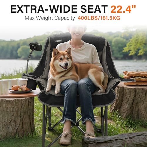 CAMPHILL Oversized Black Camping Chair for Adults, Heavy Duty 400Lbs Folding Lawn Seat with Padded Comfort, Phone & Cup Holders