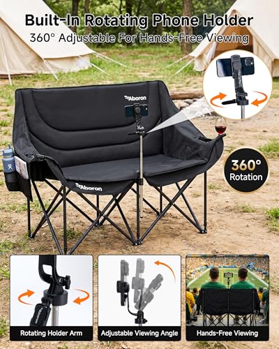 Black Double Camping Chair for Adults - 2 Person Oversized Folding Loveseat