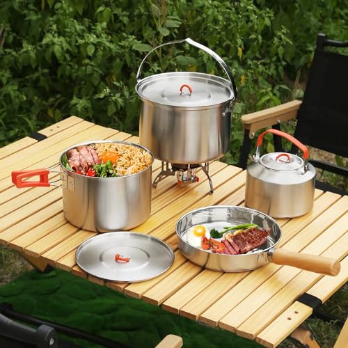 Camping Cookware Set 304 Stainless Steel Pots and Pans for Outdoor Cooking