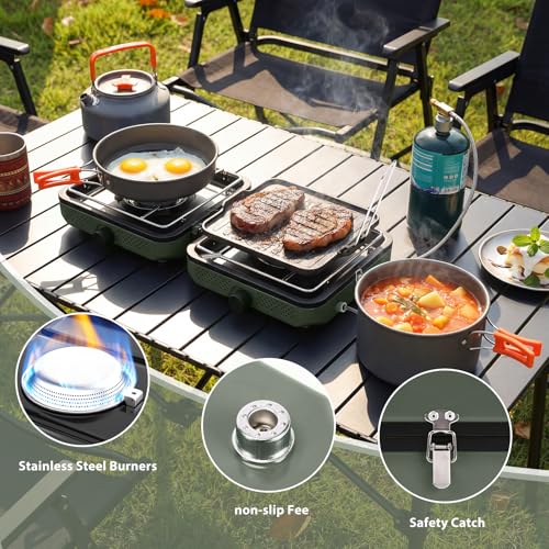 Hisencn Foldable 2 Burner Camping Stove with Cookware Set - Sage Green