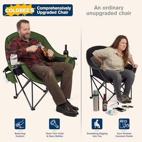 Coldbee Oversized Green Camping Chair with Padded Headrest & Cooler, Heavy Duty 500lb Capacity