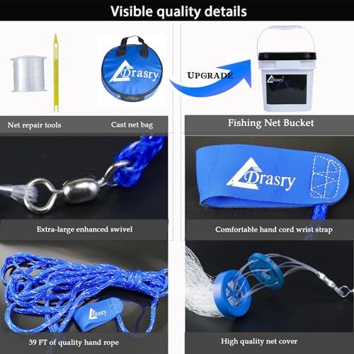 10ft Drasry Saltwater Cast Net with Lead Sinkers for Bait Fishing - 3/8 Mesh