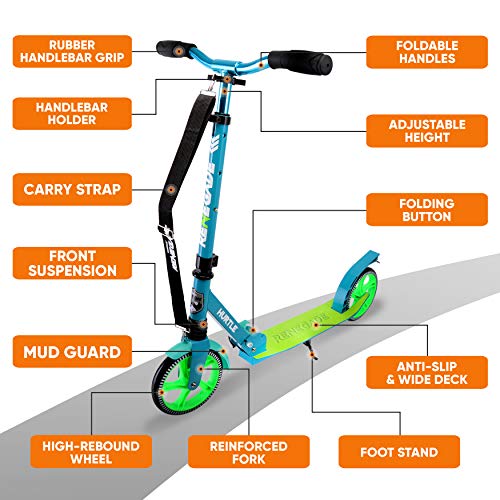 Hurtle Renegade Teal Folding Kick Scooter for Kids Teens & Adults - Alloy Deck & Adjustable Handlebar