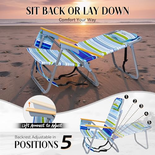 Thallike Blue Backpack Beach Chair with Wide Seat & High Back, 5-Position Recline, Supports 400 lbs, Portable with Cup Holder & Cooler Bag