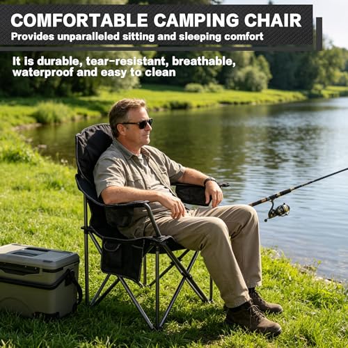 CRKOIAXEP Heavy Duty Folding Camping Chair Black 2 - 500lbs Oversized Padded Outdoor Seat with Cooler & Cup Holder