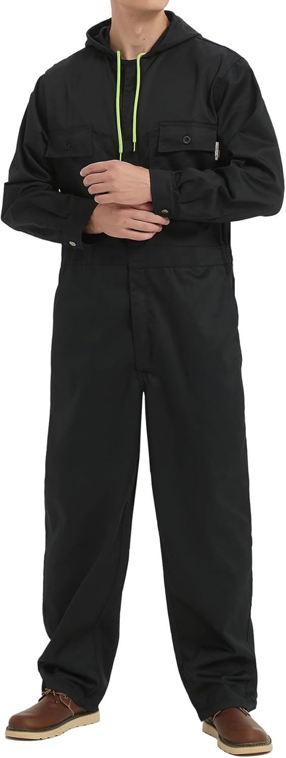 Skiennix Men's Cotton Blend Long Sleeve Coverall - Multi-Pocket Mechanic Work Jumpsuit with Hood