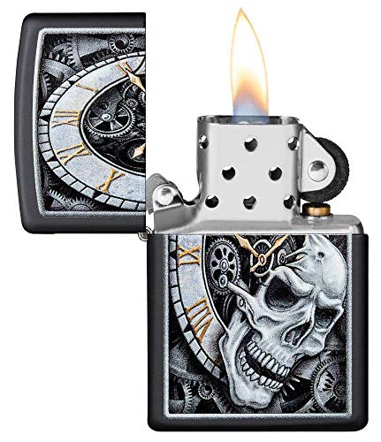 Zippo Skull Clock Design Black Matte Pocket Lighter - Black Ice Rib Cage Variation