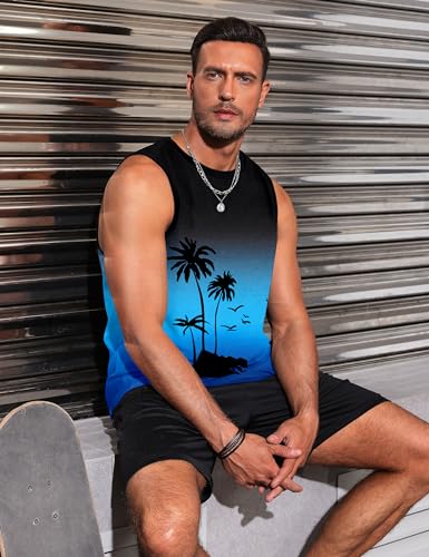 Men's Tank Top Beach Shirt 4X-Large Black & Blue Graphic Palm Tree Vacation Muscle Gym Sleeveless