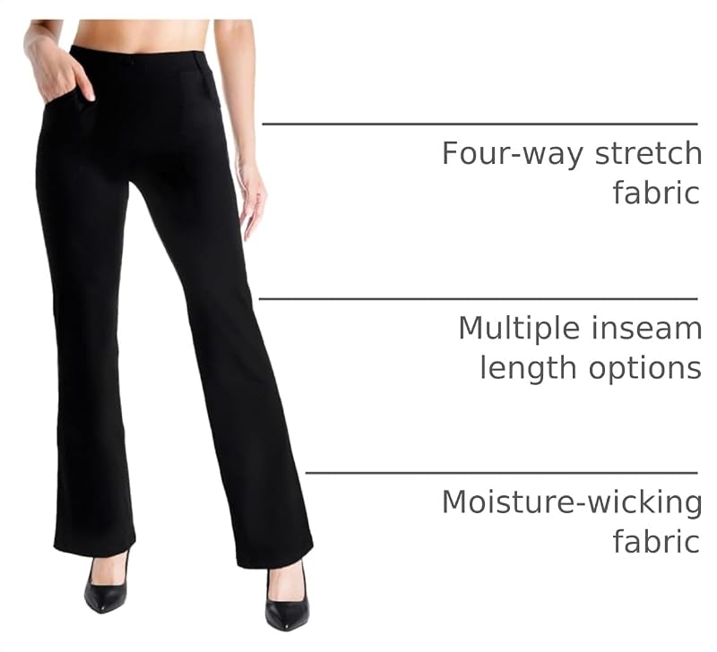Yogipace Women’s Flare Yoga Dress Pants with 27"–37" Inseams, Black – 2 Front + 2 Rear Pockets, 31" Inseam (Regular)