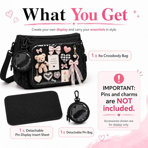 Inshere Ita Bag Crossbody Messenger Bag with Clear Coin Bag, Pins & Plush Charm - Black M