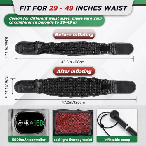 Decompression Back Belt with Red Light Heating and Massage - Black, Inflatable Lumbar Support for Spine Relief