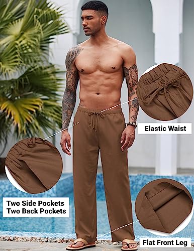 Men Linen Pants Casual Elastic Waist Drawstring Summer Beach Pants - Medium Brown