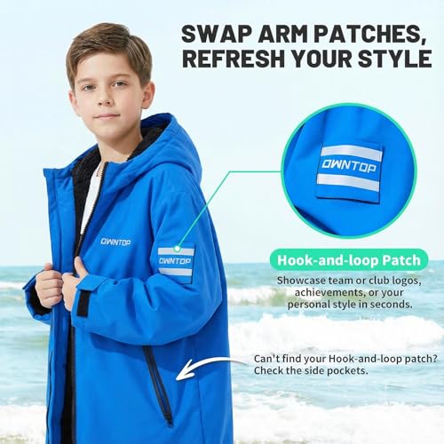Owntop Kids & Adult Waterproof Sherpa Lined Surf Poncho - Oversized Hood & Velcro Patch - XX-Small Blue