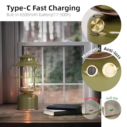 Retro Army Green Metal Vintage LED Camping Lantern with Dimming