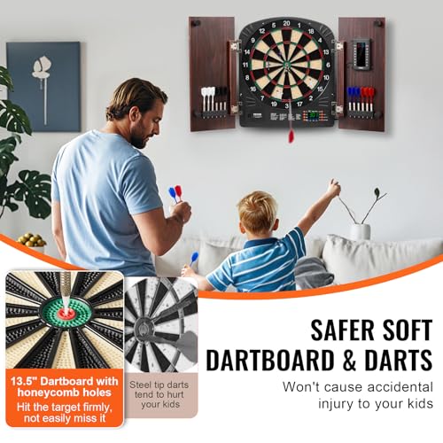 Electronic Dart Board Cabinet Set with LED Scoring, 35.3 x 20 x 2.7 Inches - Soft Tip Darts, Retro Style, Complete Accessories, Electronic Style