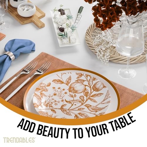 Trendables 40 Count Disposable Plastic Plates Set for 40 Guests - White & Brown Pomegranate Design, 8 & 10 Inch