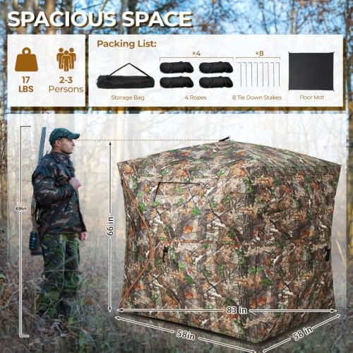 HUNTSEN 2-3 Person Portable Hunting Blind with 360° See-Through Mesh & Waterproof Floor Mat