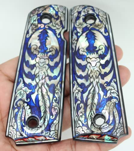 1911 Pistol Grips with Blue Mother of Pearl Art Works - Full Size Fits Colt Kimber Springfield Remington Taurus