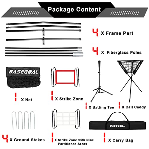 BaseGoal 7x7ft Baseball Practice Net with Batting Tee & Strike Zone - Black
