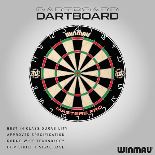 Winmau Masters Pro Dartboard Set - Complete Cabinet with Steel Tip Darts & Self-Healing Sisal Board