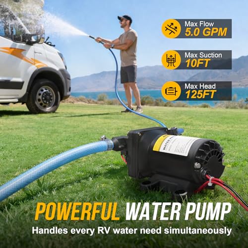 12V RV Water Pump 5.0 GPM 55 PSI Black - Diaphragm Self-Priming Pump