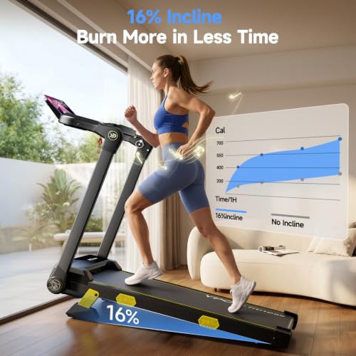 YPOO Foldable Incline Walking Pad with Handle, 16% Incline, 6.2 MPH, RGB Light, Dark Black