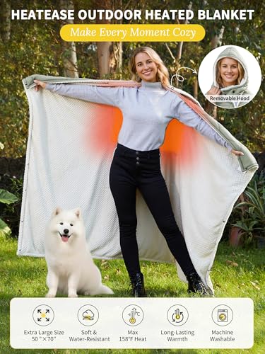 HeatEase Battery Operated Heated Blanket Throw Shawl Poncho - Light Gray 50"x70"