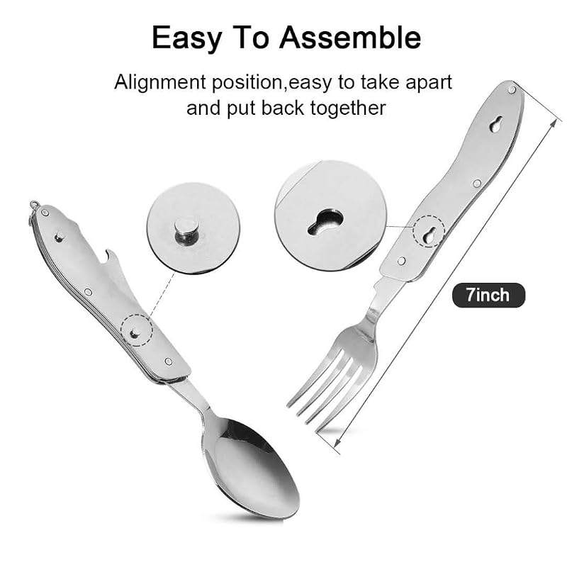 Caudblor 2-Piece Camping Utensil Set, 4-in-1 Stainless Steel Foldable Knife Fork Spoon