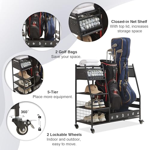 Lauren & Harold Black Golf Bag Organizer Stand for Garage Storage - Fits 2 Golf Bags