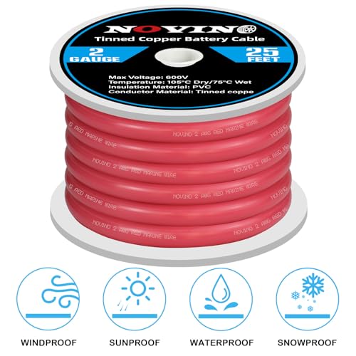 NOVINO 2 AWG Marine Battery Cable 25ft Red Tinned Copper Welding Wire