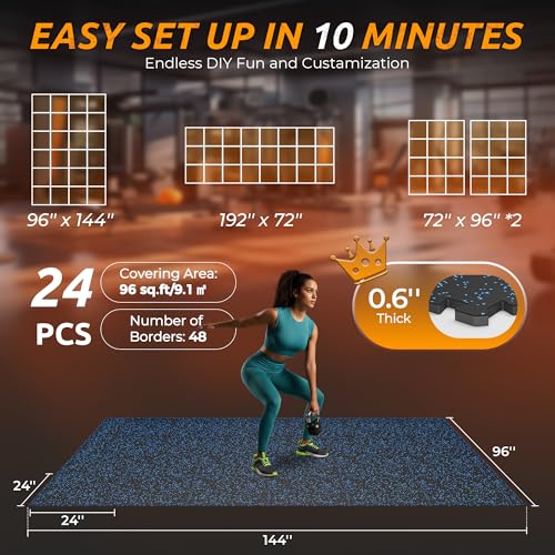 PRAISUN 0.6-Inch Thick Interlocking Rubber Gym Floor Tiles, 24 Tiles (96 Sq Ft), Black/Blue