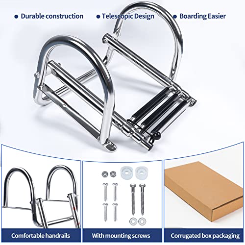 Heavy Duty Stainless Steel Pontoon Boat Ladder - Telescoping Rear Entry with Hand Rail