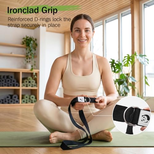 8 Feet Cotton Yoga Strap for Stretching - Black, Pack of 2, Adjustable D-Ring