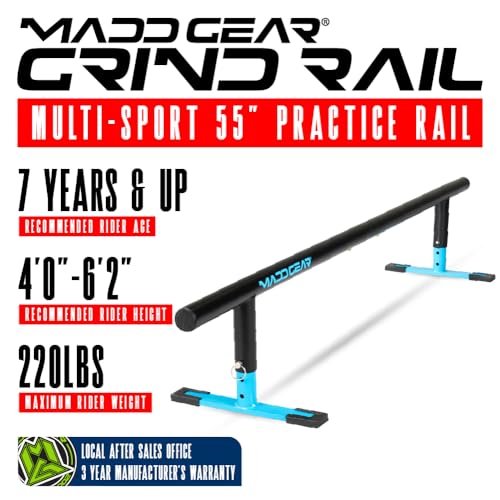 Blue Madd Gear Round Grind Rail - 55-Inch Skate & Scooter Wheel Ramp, Adjustable Height