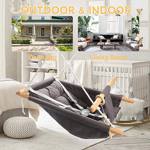 Tislly Dark Grey Outdoor & Indoor Baby Swing with 5-Point Safety Belt, Portable Toddler Porch Swing
