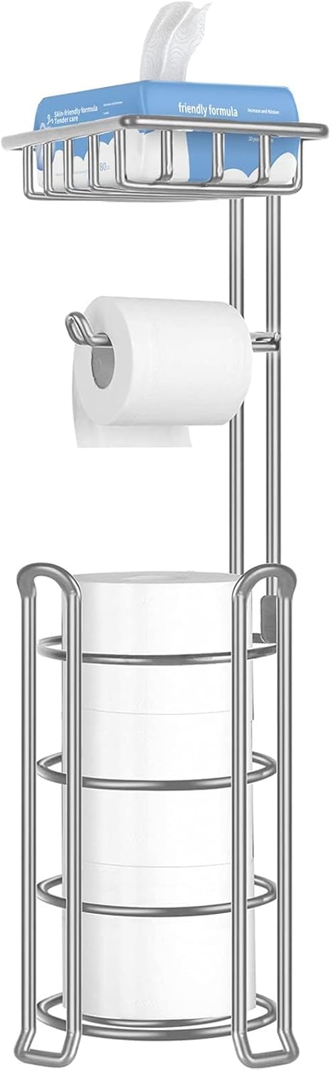 TomCare Toilet Paper Holder Stand - Free Standing Tissue Paper Dispenser with Storage Shelf | Metal Bathroom Organizer