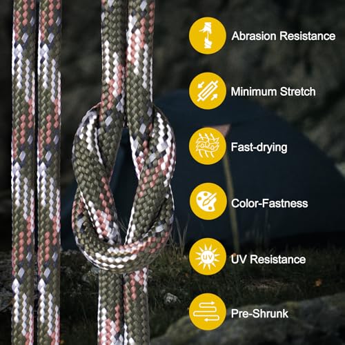 Reflective Paracord Rope 850Lb - Camo Green, 200FT Survival Tie Down