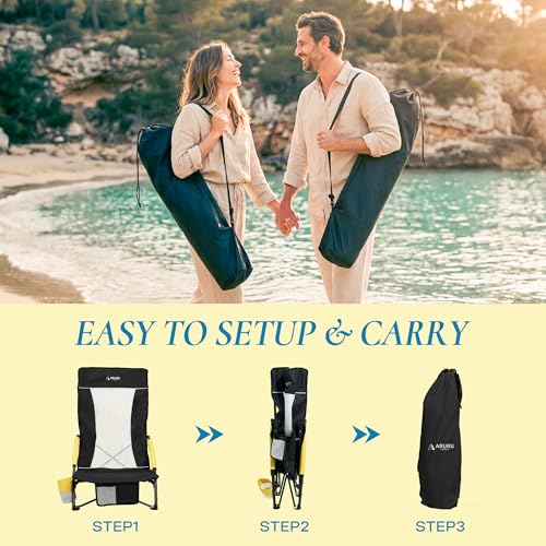 ARURU Black 2 Pack Folding Low-Back Beach Chairs with Cup Holders - Lightweight Portable Camping Chairs for Outdoors