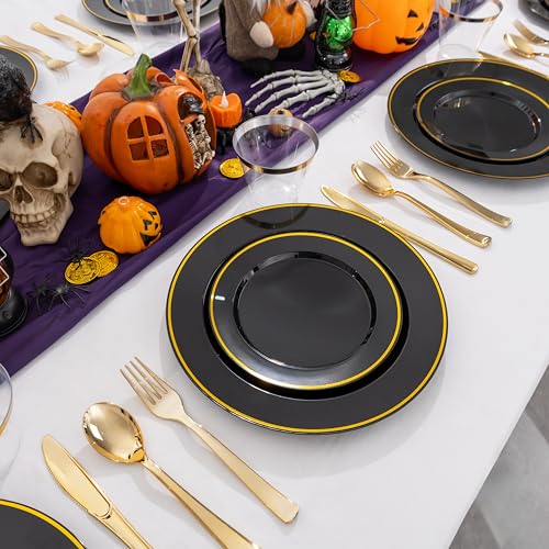 Black and Gold Disposable Dinnerware Set for 50 Guests - Plates Cups Napkins Utensils