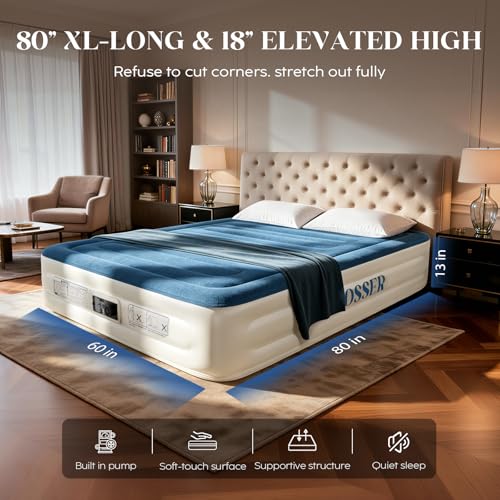 Blue Queen Air Mattress with Built-in Pump - 13 Inch Height, Leakproof, Portable for Home & Camping