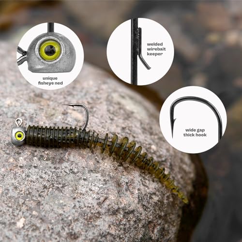 Natural Fish Eye Ned Rig Jig Heads 15-Pack - 1/16oz Chartreuse Eyes & Bait Keeper
