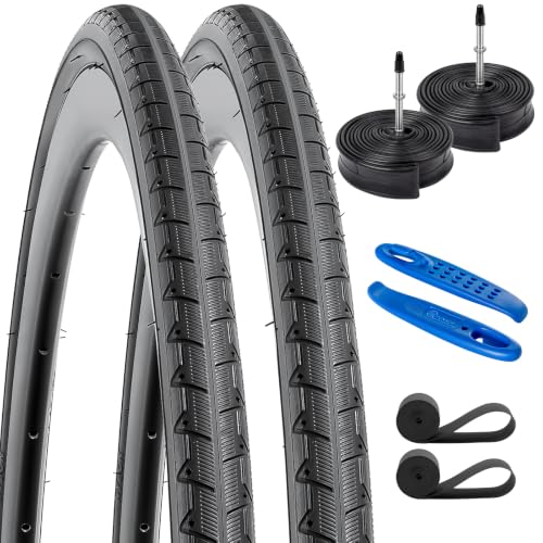 Black 700x25C Road Bike Tires with Tubes & Rim Strips - 2 Pack