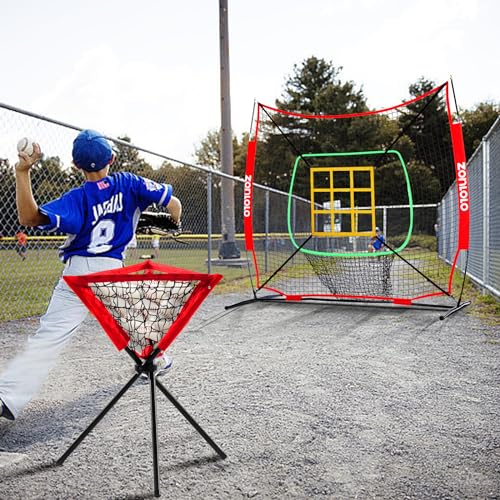 Portable Baseball & Softball Hitting Net Set with Batting Tee, Ball Caddy & Strike Zones