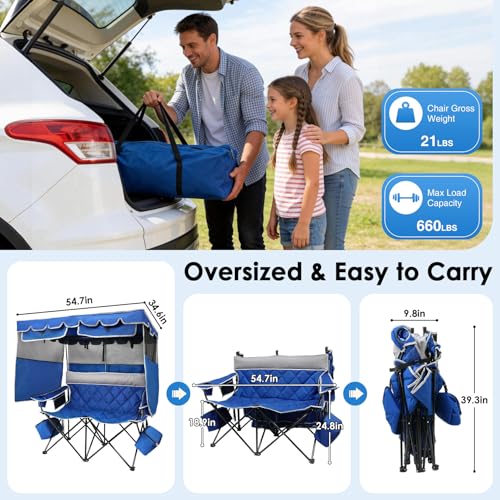 Suteck Double Camping Chair with Canopy - Blue, Foldable 660lbs Outdoor Loveseat with Shade and Coolers